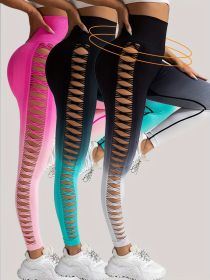 3 Pack Women's Gradient Color Butterfly Hollow High Waist Butt Lifting Long Fitness Pants, Seamless Leggings For Women High Waist Yoga Pants (Color: 3PACK3, size: M)